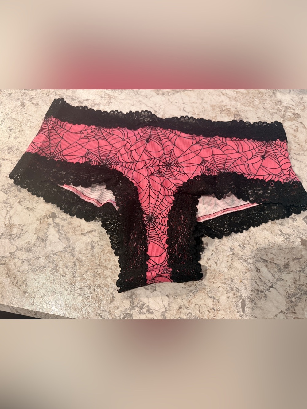 VS PINK Lace Trim Ribbed Cotton Cheeky Halloween Panty Spiderweb NWT Large